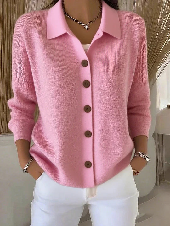 Maribel | Pink Button-Up Knit Cardigan with Collar