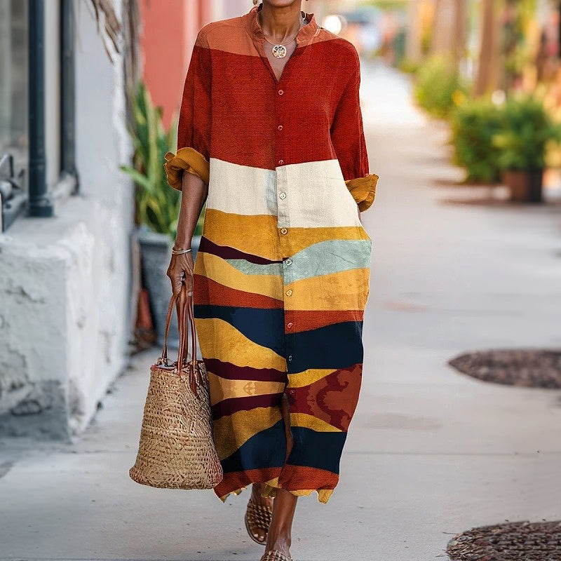 【Mangas Largas】Vestido Casual Con Patrón de Bloques de Color